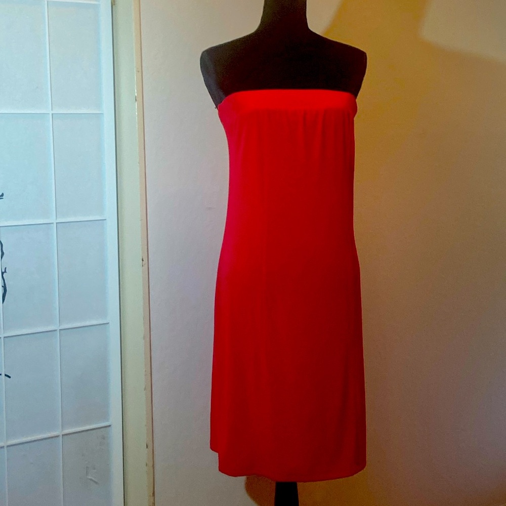 Knee length strapless red dress